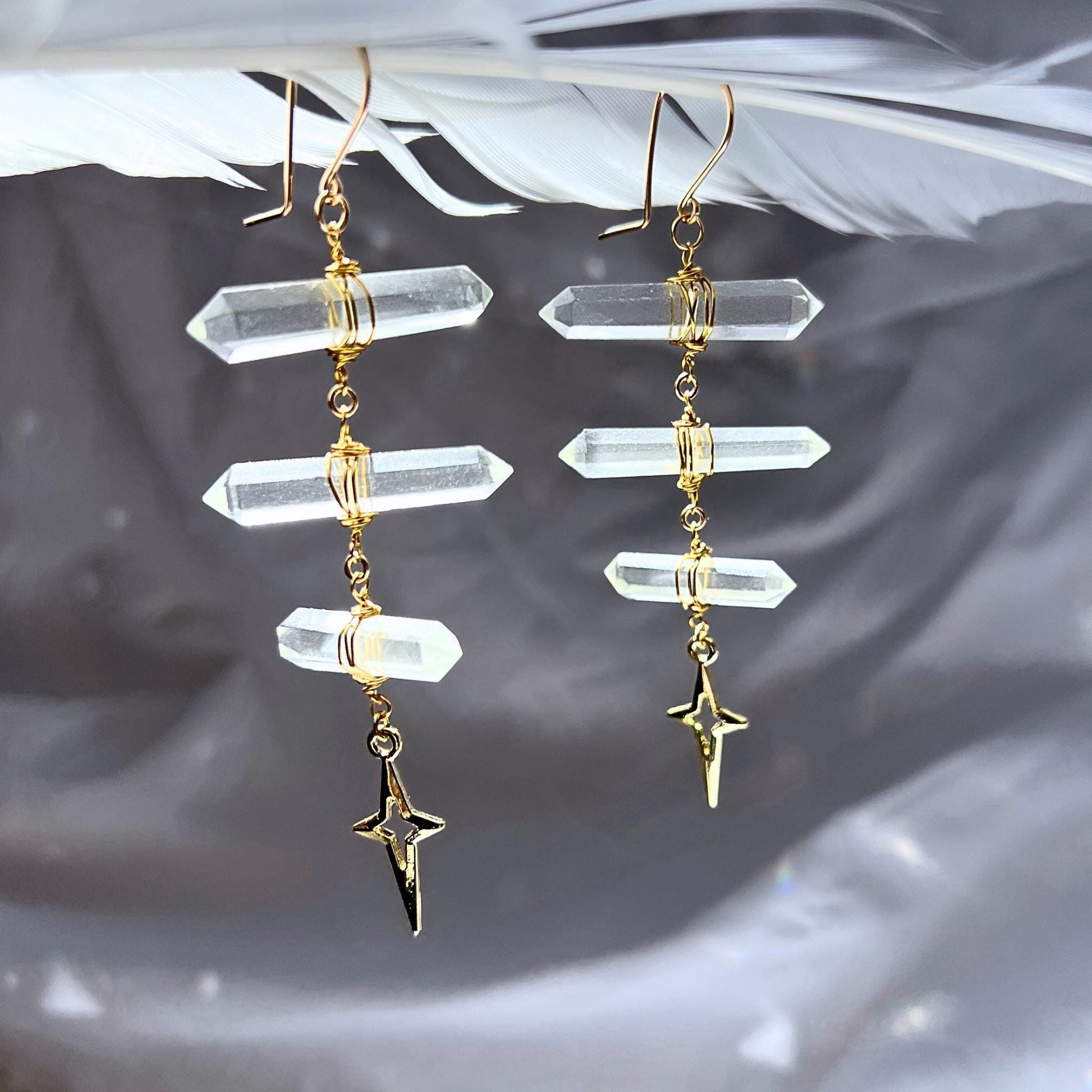 Ladder Style Earrings with 3 Double Terminated Crystals and 4 Point Star- 14k Gold Filled or Sterling Silver Skin Safe Ear Wire