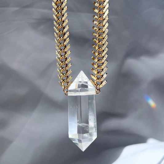 Large Crystal Pendant Statement Necklace with Gold or Silver Fishbone Chain