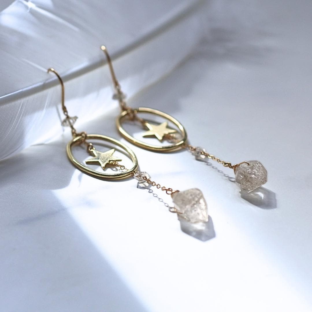 Star Dangle Earrings with Oval Hoop & Herkimer Diamonds- 14k Gold Filled or Sterling Silver Skin Safe Earring Hook