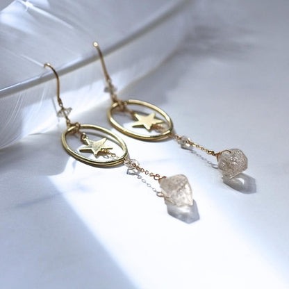 Star Dangle Earrings with Oval Hoop & Herkimer Diamonds- 14k Gold Filled or Sterling Silver Skin Safe Earring Hook