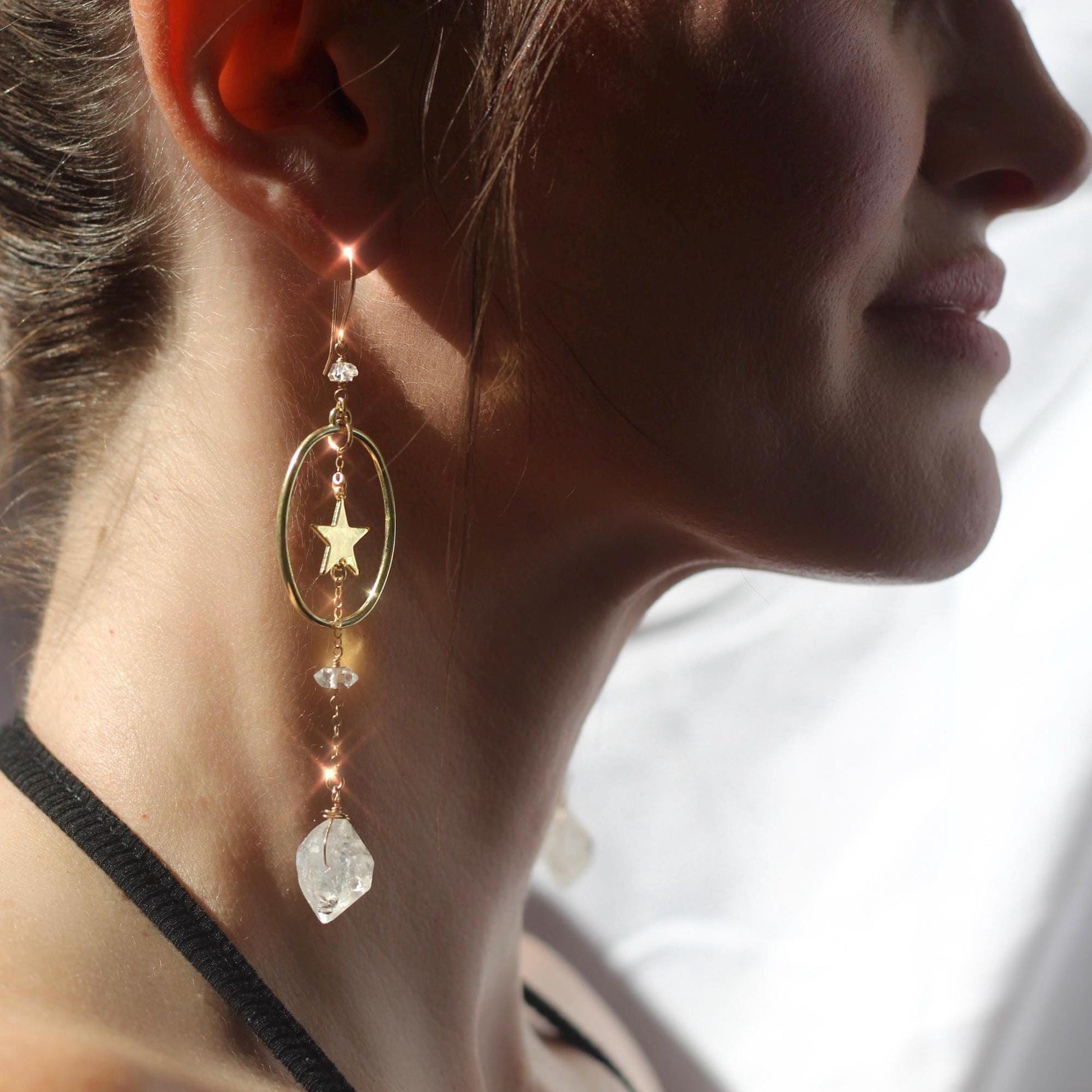 Star Dangle Earrings with Oval Hoop & Herkimer Diamonds- 14k Gold Filled or Sterling Silver Skin Safe Earring Hook