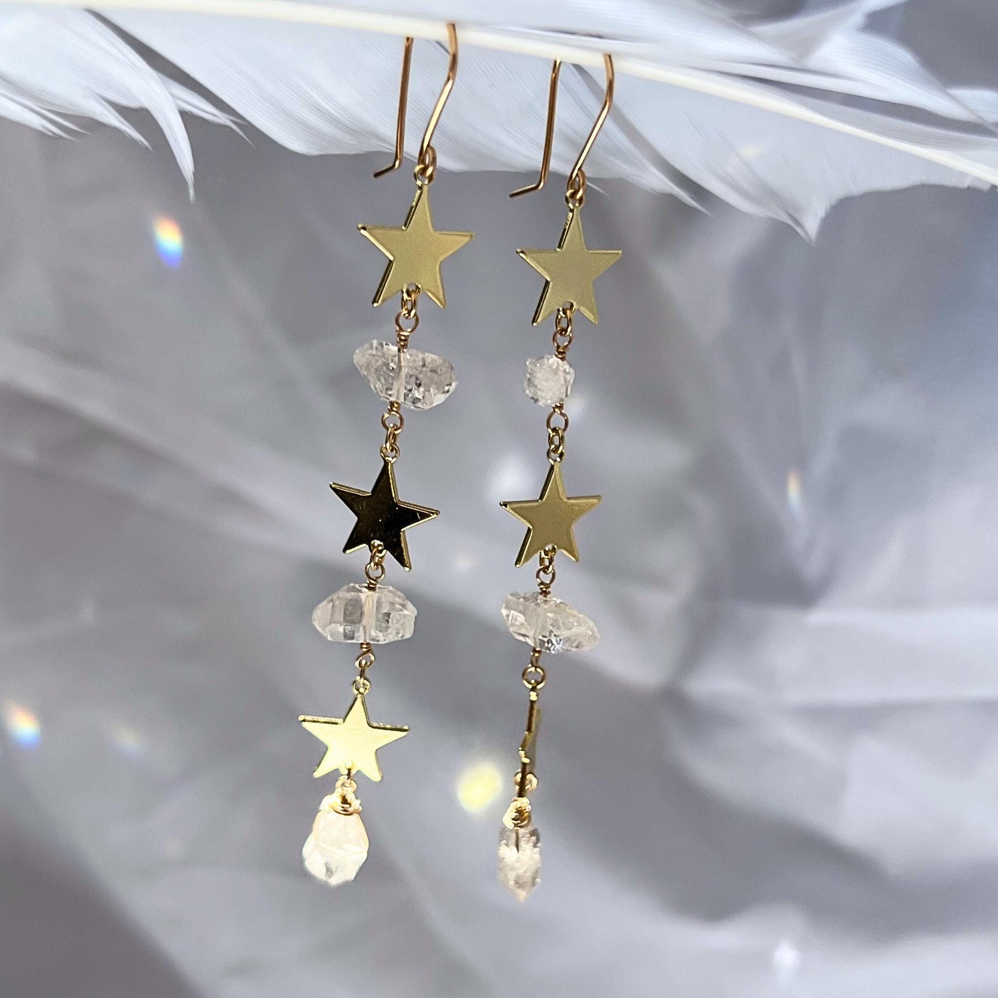 Star Statement Earrings- Long Dangle Style with Stars & Herkimer Diamonds | 14k Gold Filled or Sterling Silver Skin Safe Ear Wires