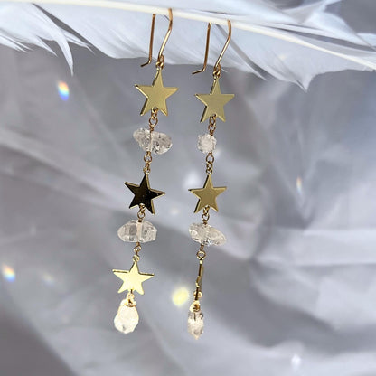 Star Statement Earrings- Long Dangle Style with Stars & Herkimer Diamonds | 14k Gold Filled or Sterling Silver Skin Safe Ear Wires