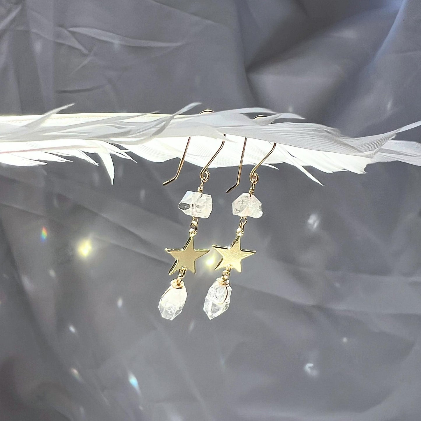 Star Statement Earrings- Long Dangle Style with Stars & Herkimer Diamonds | 14k Gold Filled or Sterling Silver Skin Safe Ear Wires