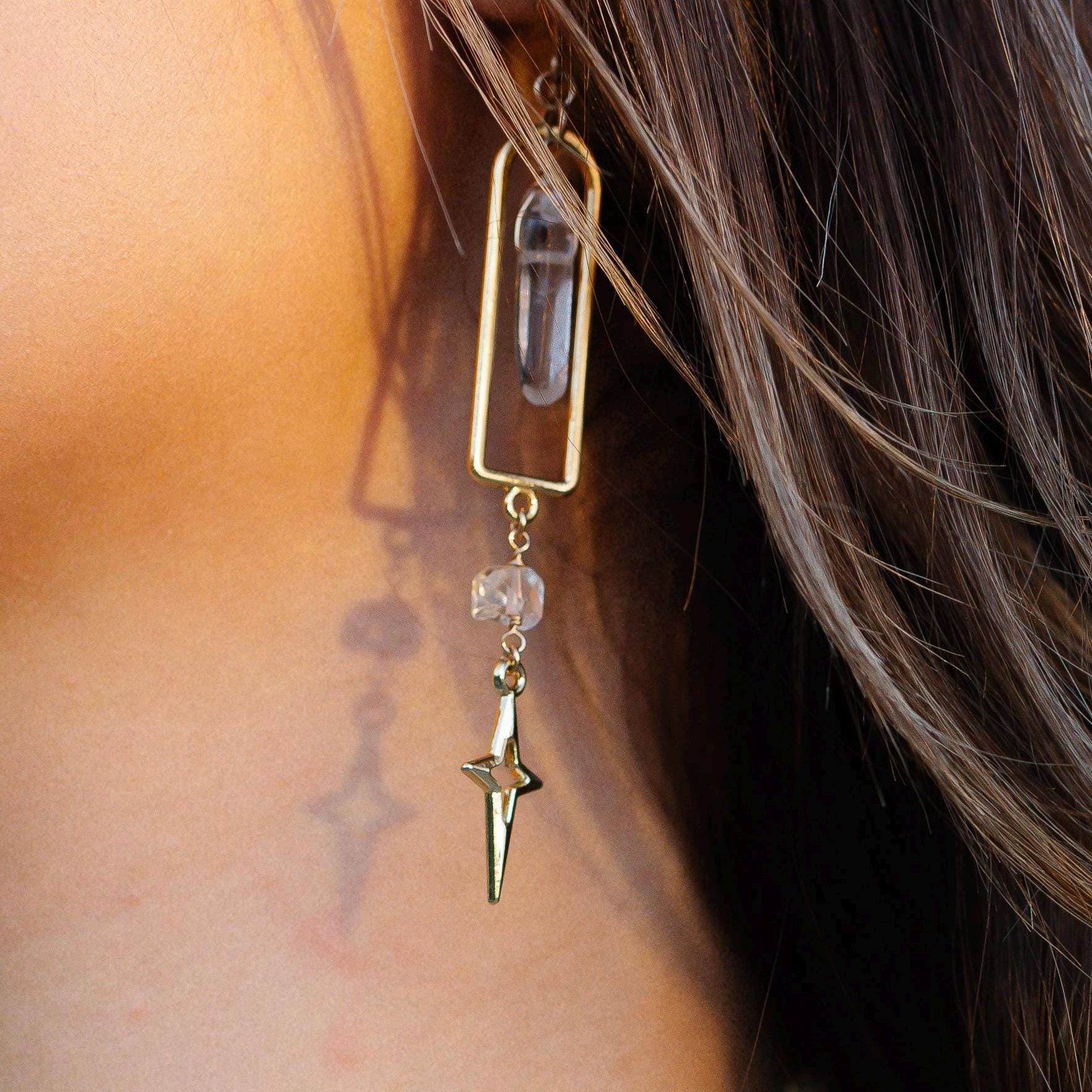 Arch-Shaped Dangle Earrings with Raw Crystal Point & Star Charm - 14k Gold Filled or Sterling Silver Skin Safe Ear Wires