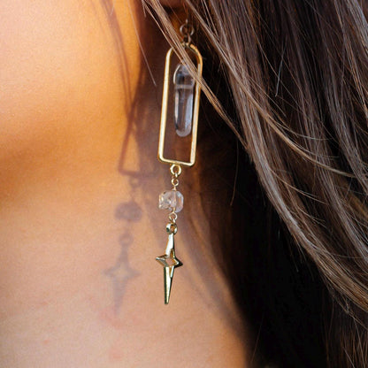 Arch-Shaped Dangle Earrings with Raw Crystal Point & Star Charm - 14k Gold Filled or Sterling Silver Skin Safe Ear Wires