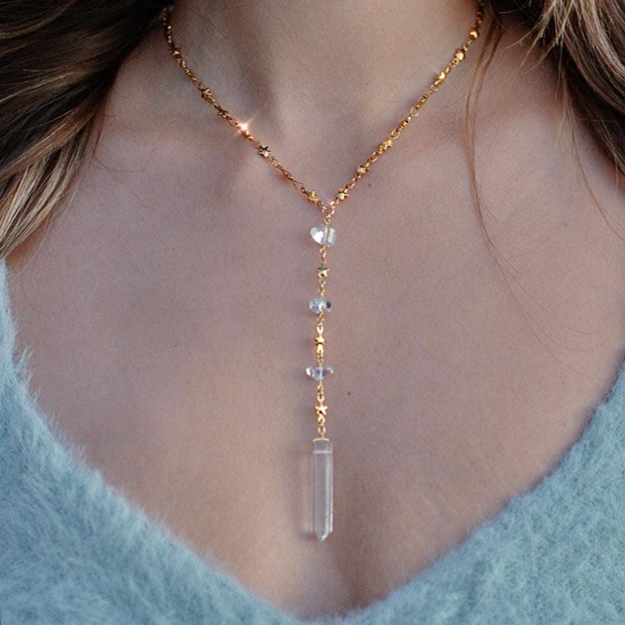 Lariat Necklace with Crystal Quartz in Gold or Silver with Herkimer Diamonds & Star Link Chain