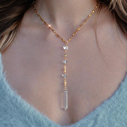 Lariat Necklace with Crystal Quartz in Gold or Silver with Herkimer Diamonds & Star Link Chain