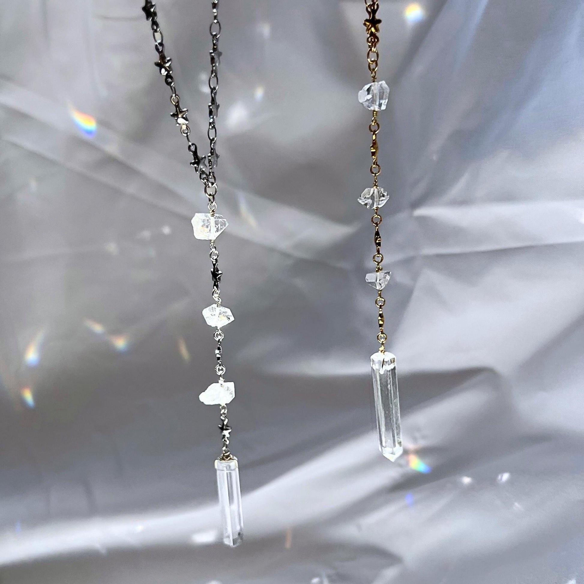 Lariat Necklace with Crystal Quartz in Gold or Silver with Herkimer Diamonds & Star Link Chain