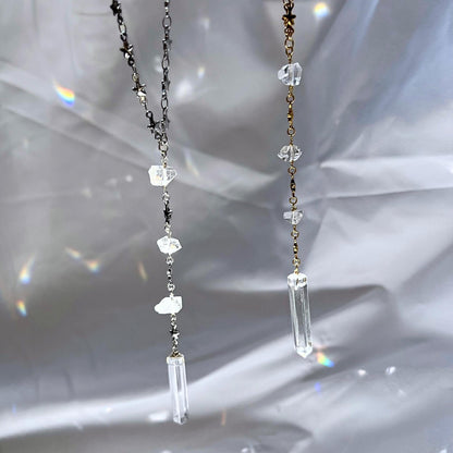 Lariat Necklace with Crystal Quartz in Gold or Silver with Herkimer Diamonds & Star Link Chain