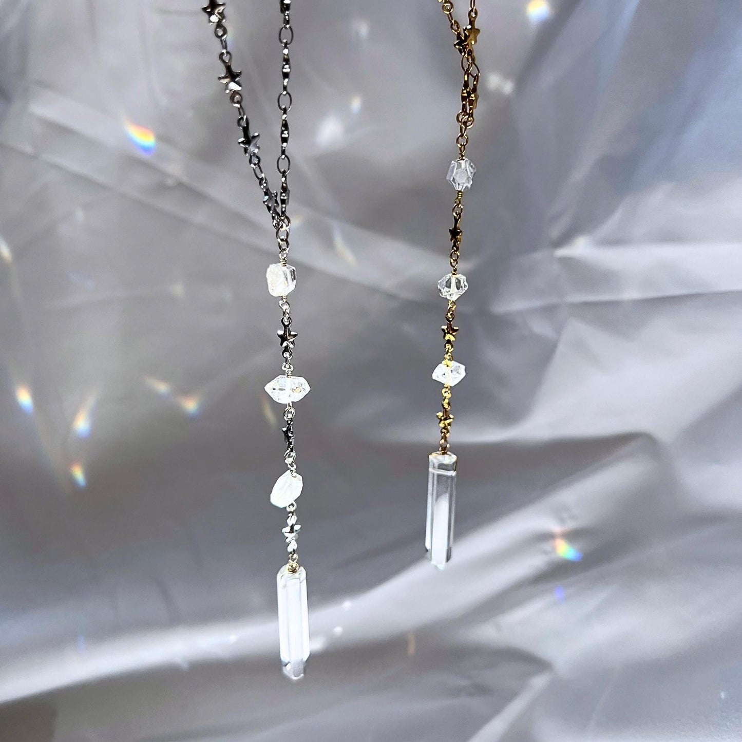 Lariat Necklace with Crystal Quartz in Gold or Silver with Herkimer Diamonds & Star Link Chain