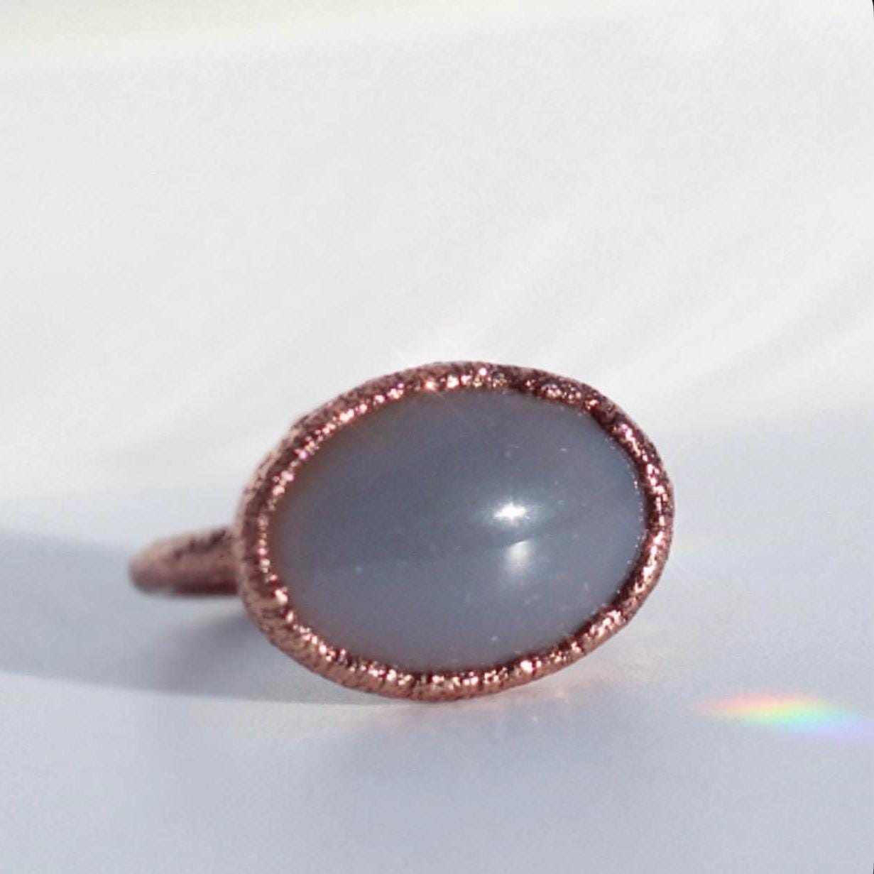 Gray Chalcedony Ring with Oval Stone in Shiny Copper Setting: Electroformed Copper Statement Ring
