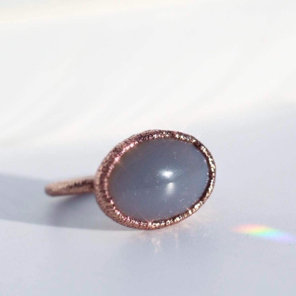 Gray Chalcedony Ring with Oval Stone in Shiny Copper Setting: Electroformed Copper Statement Ring
