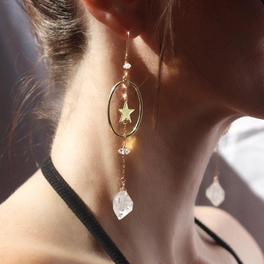 Star Dangle Earrings with Oval Hoop & Herkimer Diamonds- 14k Gold Filled or Sterling Silver Skin Safe Earring Hook