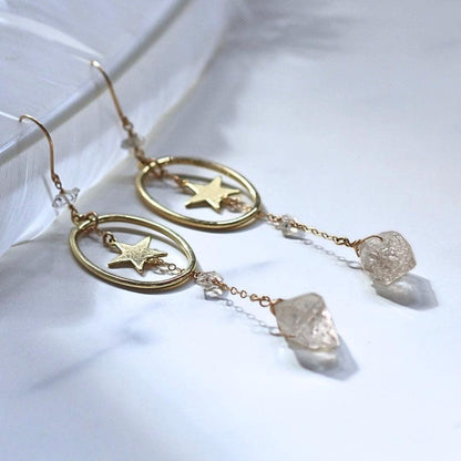 Star Dangle Earrings with Oval Hoop & Herkimer Diamonds- 14k Gold Filled or Sterling Silver Skin Safe Earring Hook