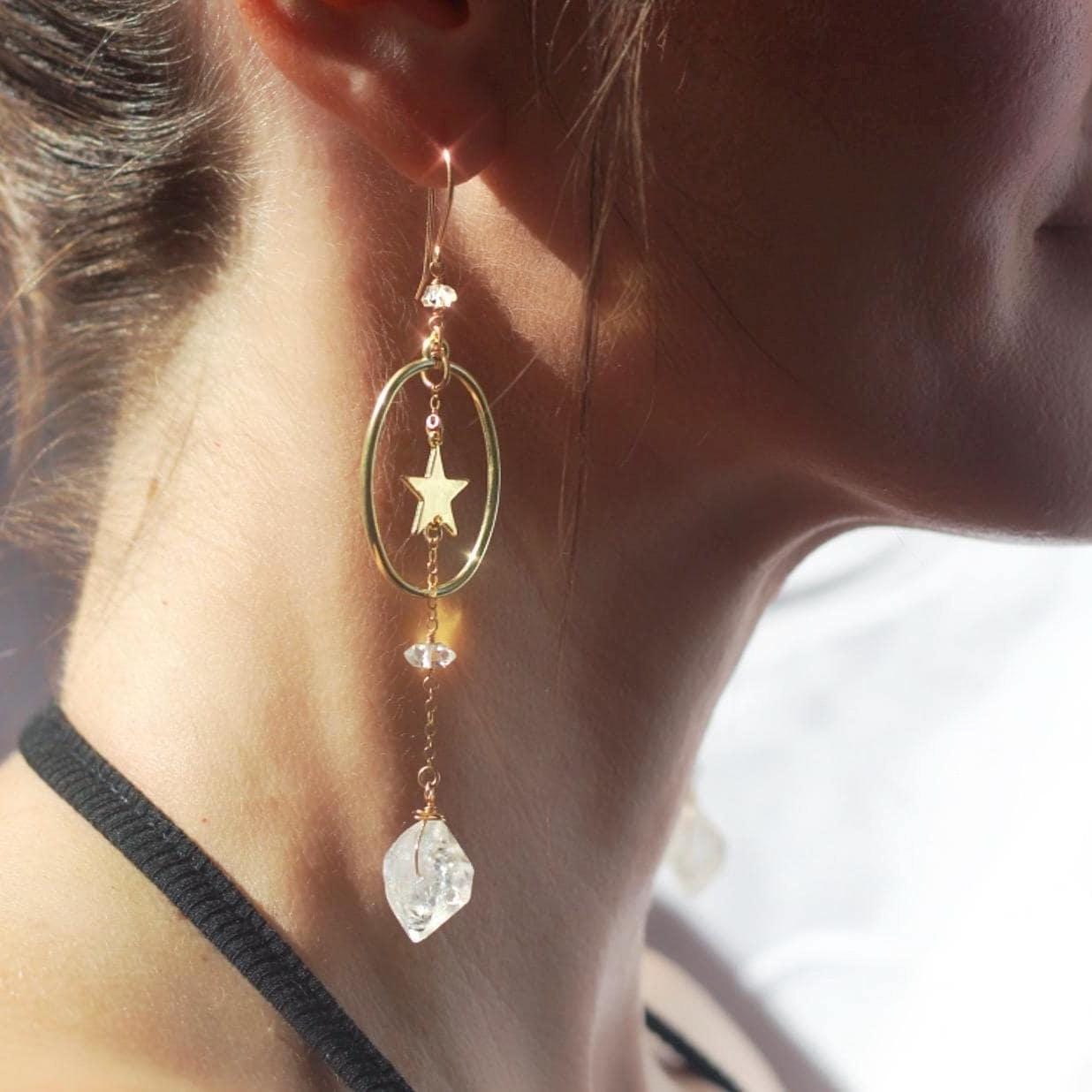 Star Dangle Earrings with Oval Hoop & Herkimer Diamonds- 14k Gold Filled or Sterling Silver Skin Safe Earring Hook