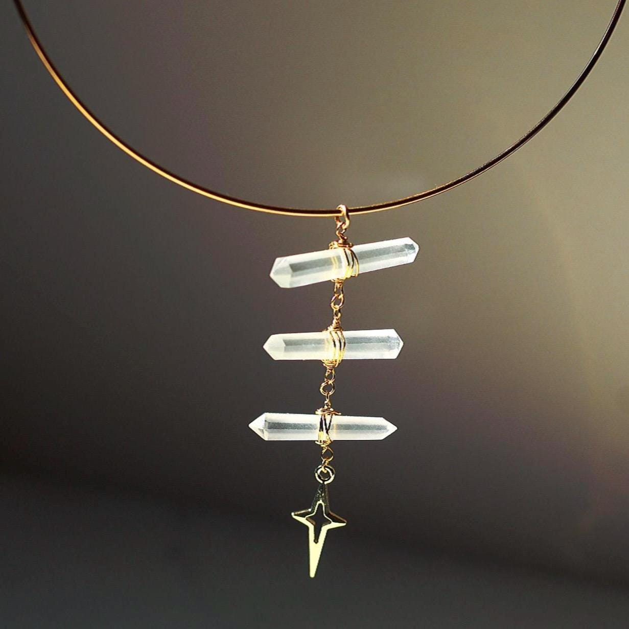 14k Gold Filled or Sterling Silver Torque Choker with 3 Double Terminated Quartz Points- Delicate Statement Choker