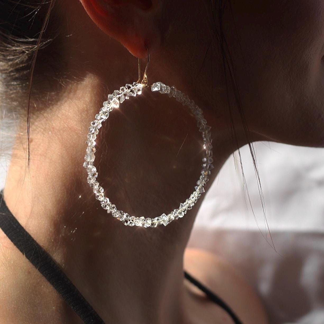 Sparkling Herkimer Diamonds on Lightweight Hoops | Natural Statement Jewelry | 14k Gold Filled or Sterling Silver Skin Safe Ear Wires