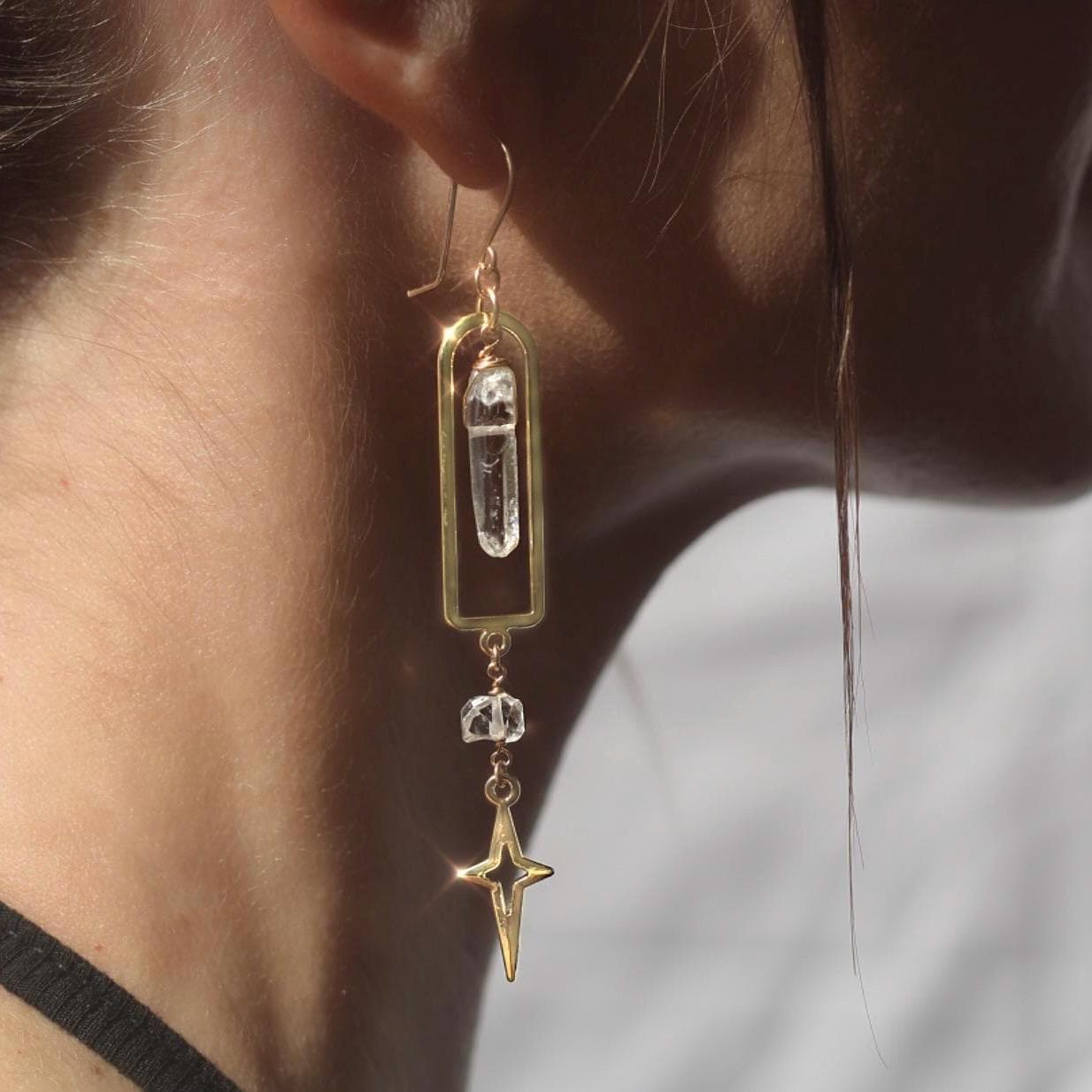 Arch-Shaped Dangle Earrings with Raw Crystal Point & Star Charm - 14k Gold Filled or Sterling Silver Skin Safe Ear Wires