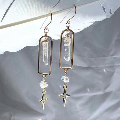 Arch-Shaped Dangle Earrings with Raw Crystal Point & Star Charm - 14k Gold Filled or Sterling Silver Skin Safe Ear Wires