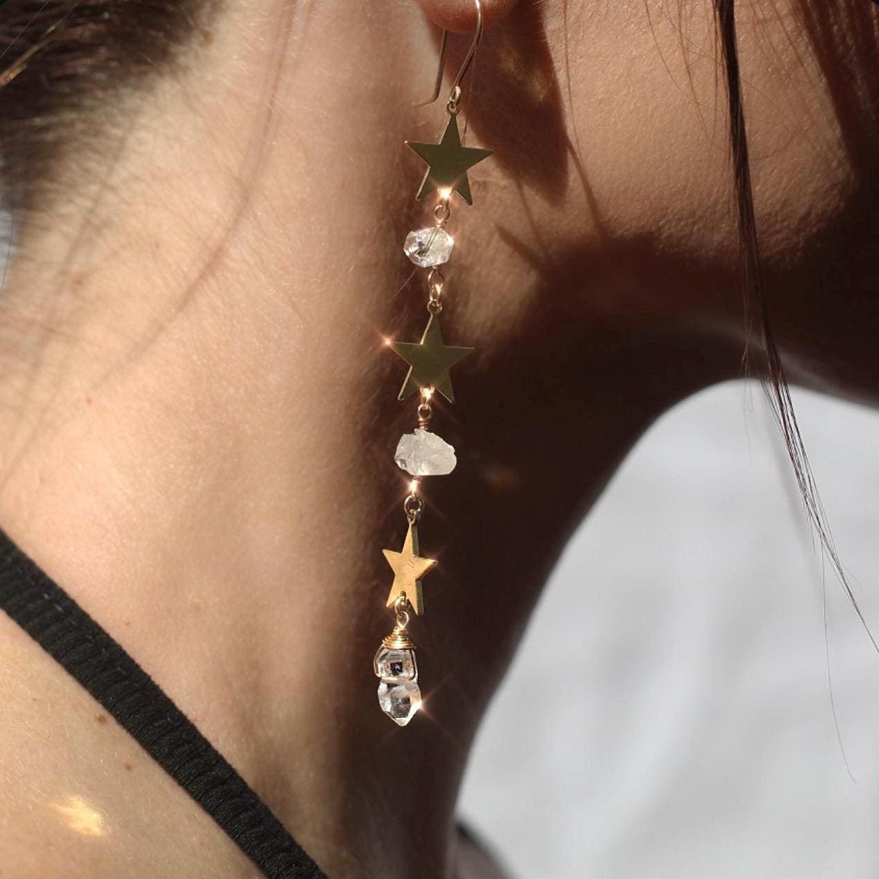 Star Statement Earrings- Long Dangle Style with Stars & Herkimer Diamonds | 14k Gold Filled or Sterling Silver Skin Safe Ear Wires