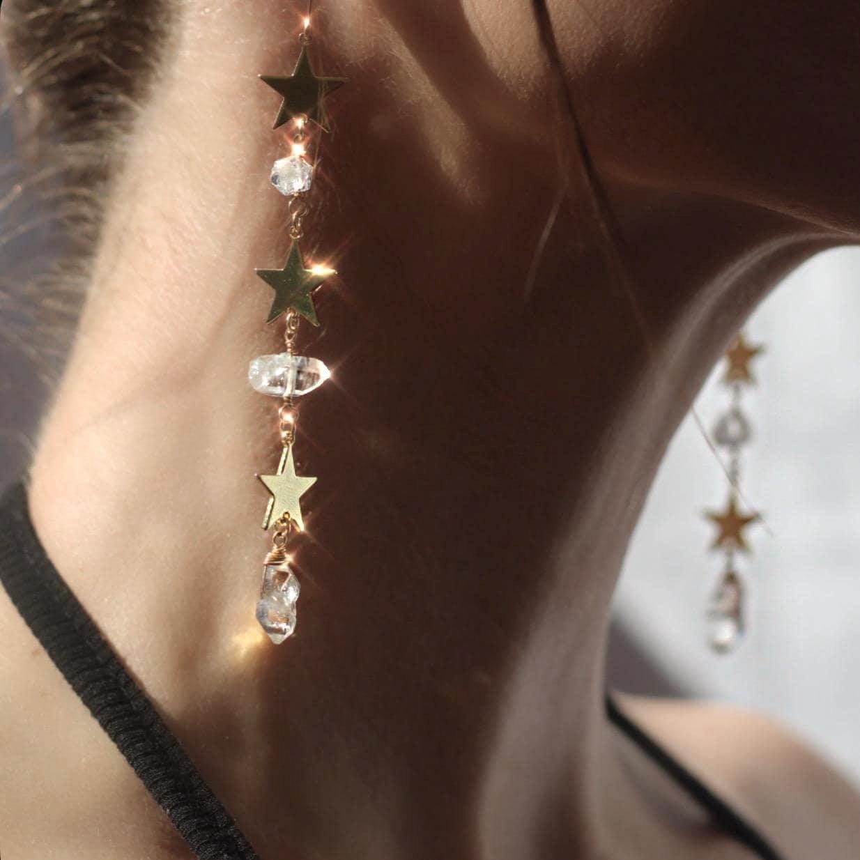 Star Statement Earrings- Long Dangle Style with Stars & Herkimer Diamonds | 14k Gold Filled or Sterling Silver Skin Safe Ear Wires