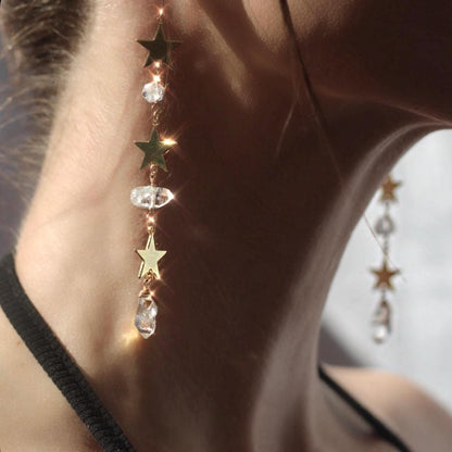 Star Statement Earrings- Long Dangle Style with Stars & Herkimer Diamonds | 14k Gold Filled or Sterling Silver Skin Safe Ear Wires