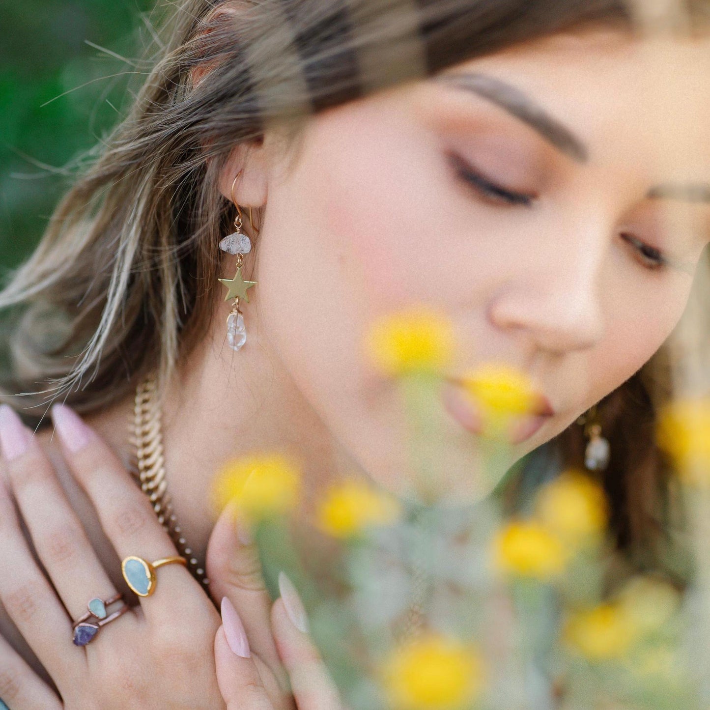 Star Statement Earrings- Long Dangle Style with Stars & Herkimer Diamonds | 14k Gold Filled or Sterling Silver Skin Safe Ear Wires