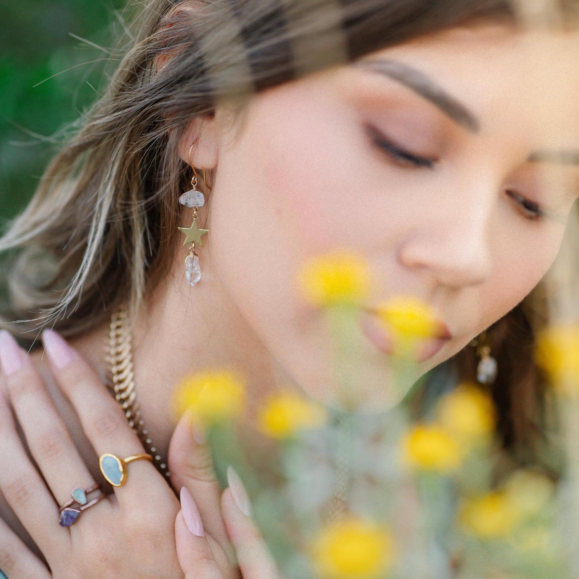 Star Statement Earrings- Long Dangle Style with Stars & Herkimer Diamonds | 14k Gold Filled or Sterling Silver Skin Safe Ear Wires