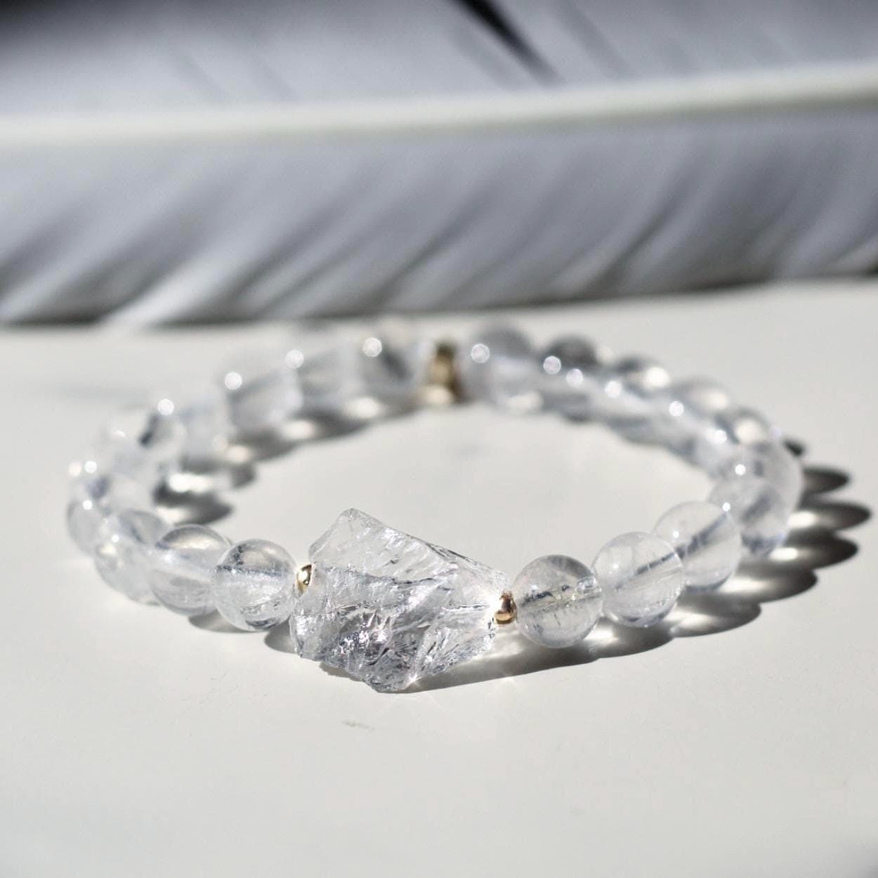 Chunky Raw Quartz Stretchy Mala Bracelet - Crystal Quartz Beads & Personalized Gold/Silver/Rose Gold Tag