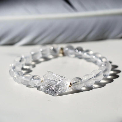 Chunky Raw Quartz Stretchy Mala Bracelet - Crystal Quartz Beads & Personalized Gold/Silver/Rose Gold Tag