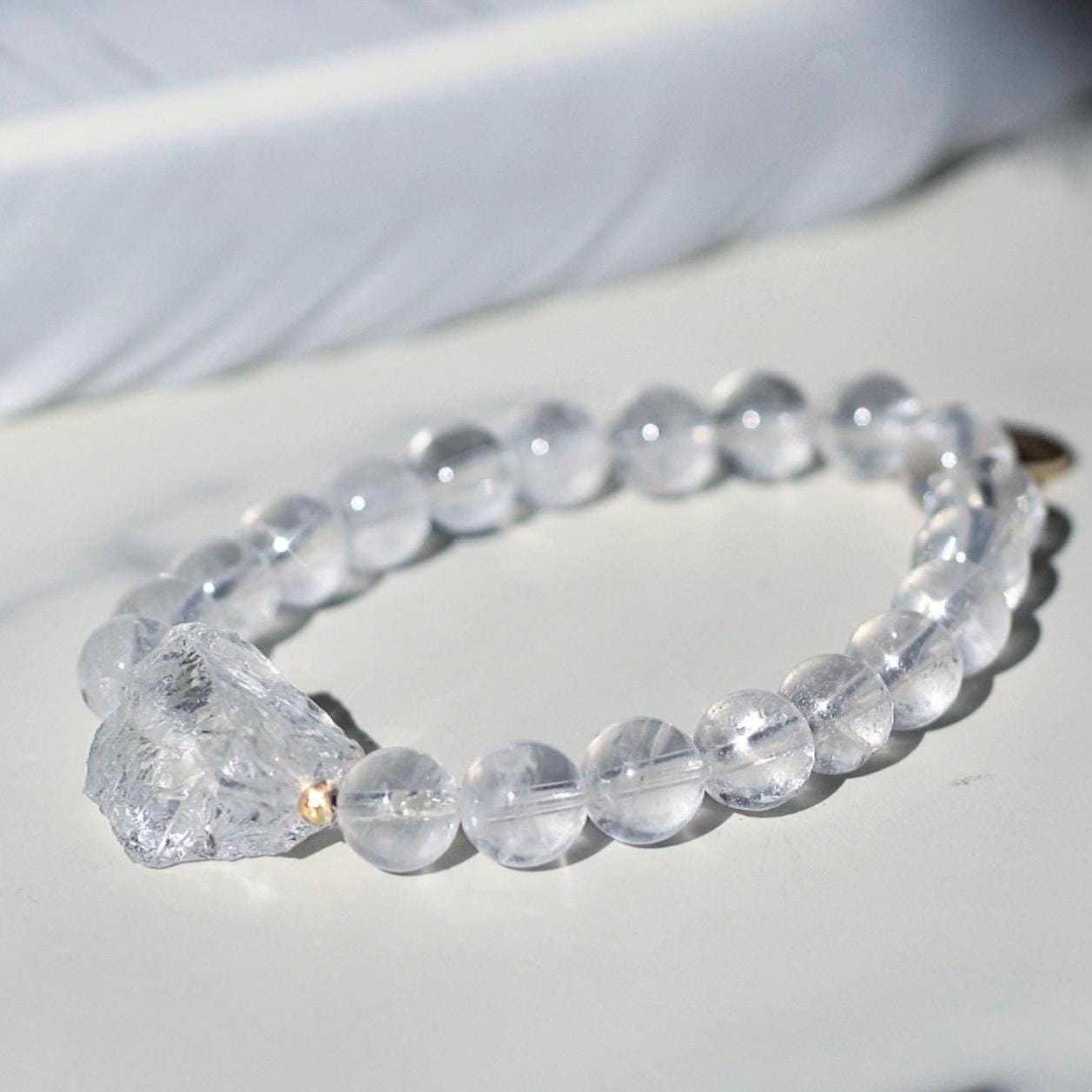 Chunky Raw Quartz Stretchy Mala Bracelet - Crystal Quartz Beads & Personalized Gold/Silver/Rose Gold Tag