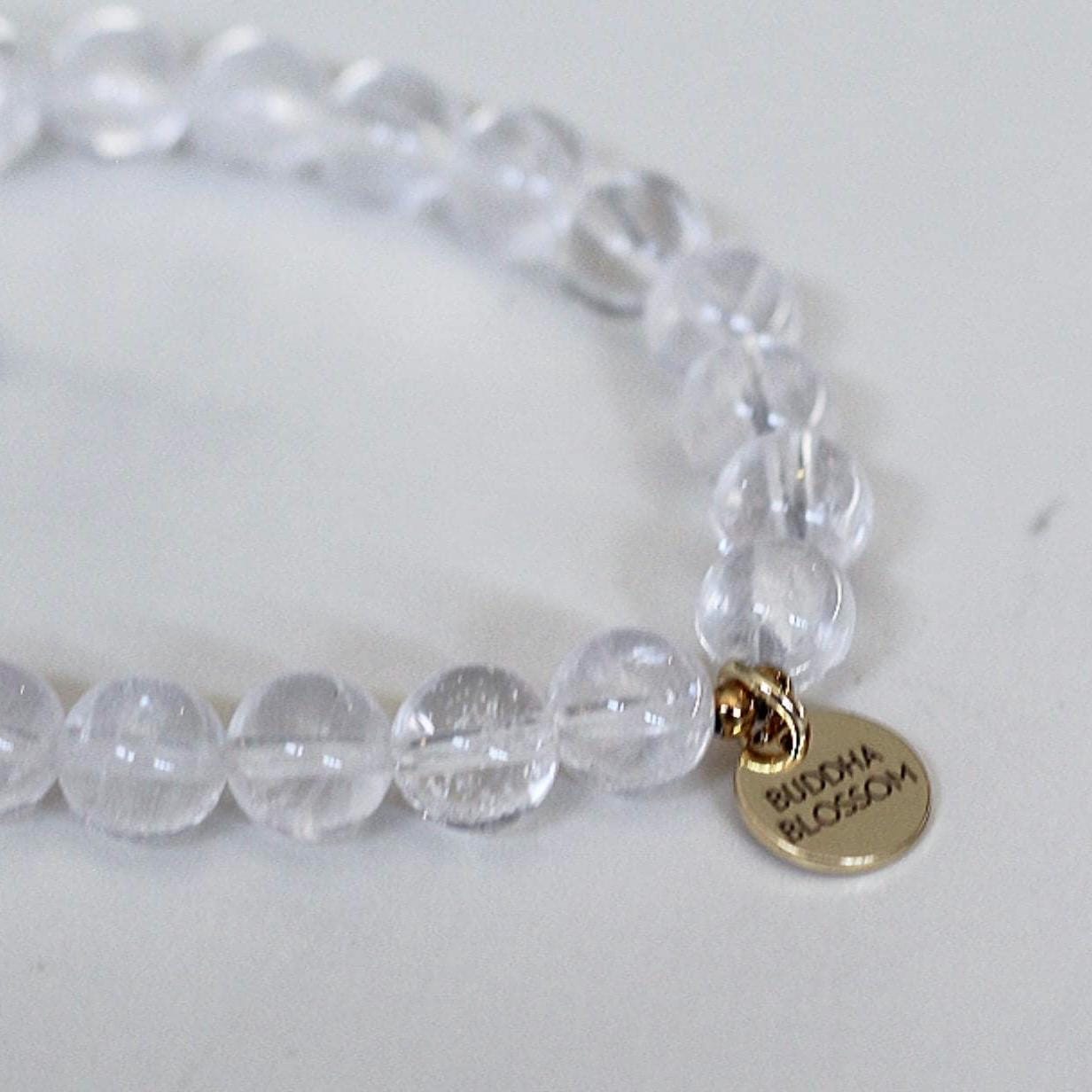 Chunky Raw Quartz Stretchy Mala Bracelet - Crystal Quartz Beads & Personalized Gold/Silver/Rose Gold Tag