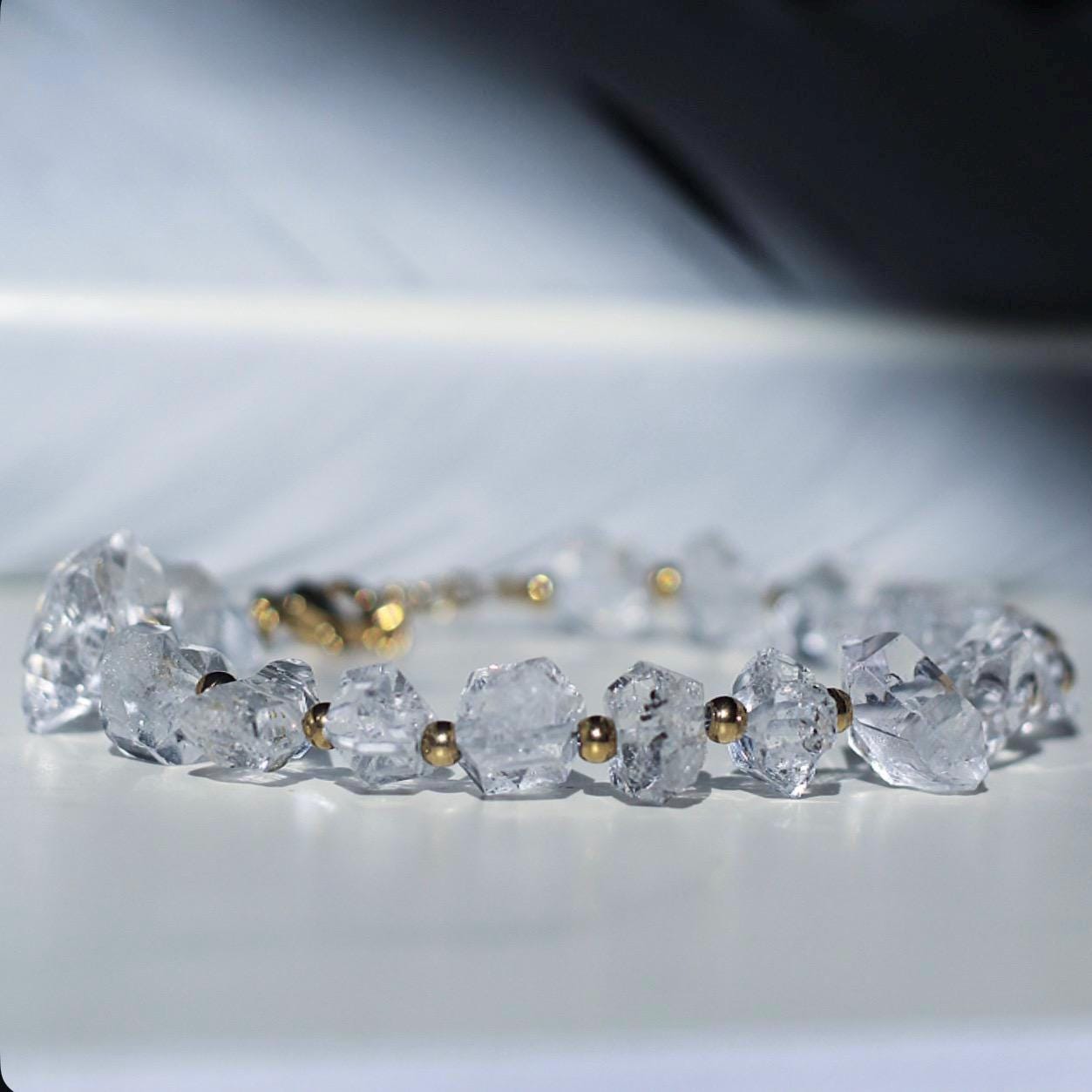 Chunky AAA Herkimer Diamond Bracelet with Gold/Silver Bead Detail- Sparkly Raw Crystal Bracelet