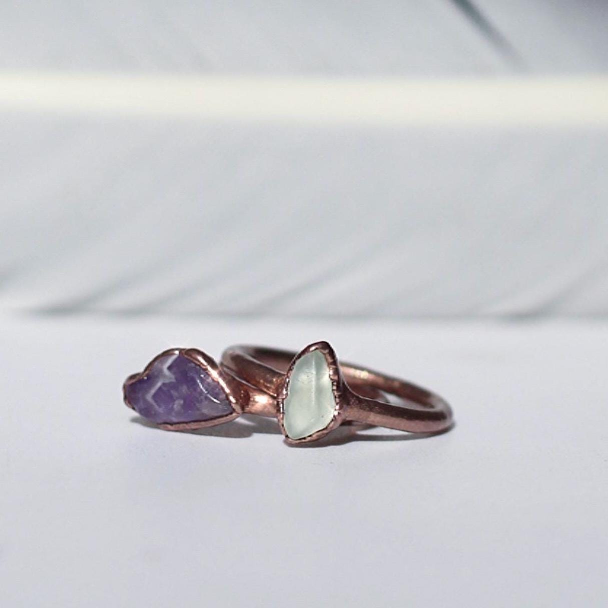 Horizontally Set Raw Amethyst Ring in Copper - Boho Gemstone Jewelry - February Birthstone Gift