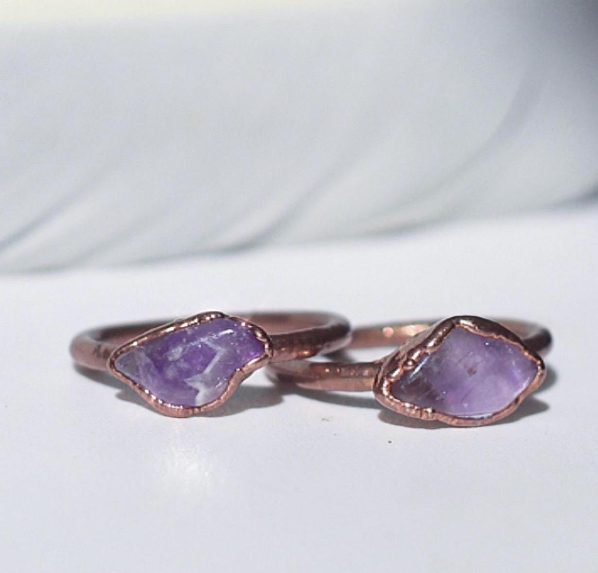 Horizontally Set Raw Amethyst Ring in Copper - Boho Gemstone Jewelry - February Birthstone Gift