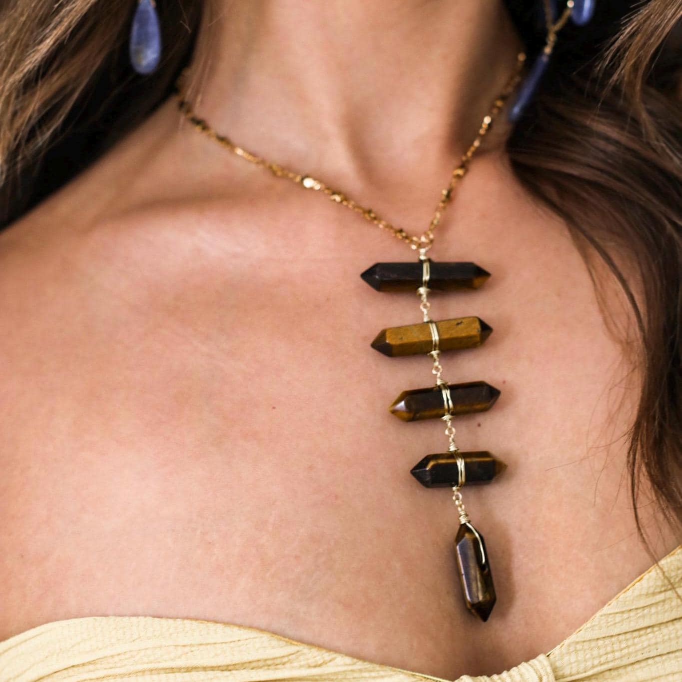 Tigers Eye Point Lariat Necklace: Boho Crystal Statement Jewelry, Boho Statement Necklace, Earthy Crystal Necklace, Tigers Eye Jewelry