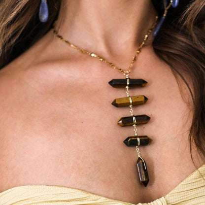 Tigers Eye Point Lariat Necklace: Boho Crystal Statement Jewelry, Boho Statement Necklace, Earthy Crystal Necklace, Tigers Eye Jewelry