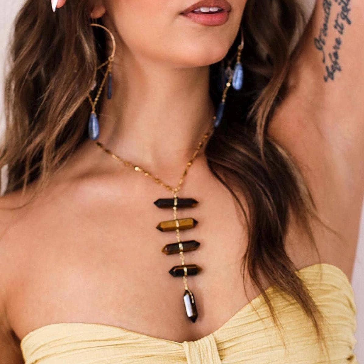 Tigers Eye Point Lariat Necklace: Boho Crystal Statement Jewelry, Boho Statement Necklace, Earthy Crystal Necklace, Tigers Eye Jewelry