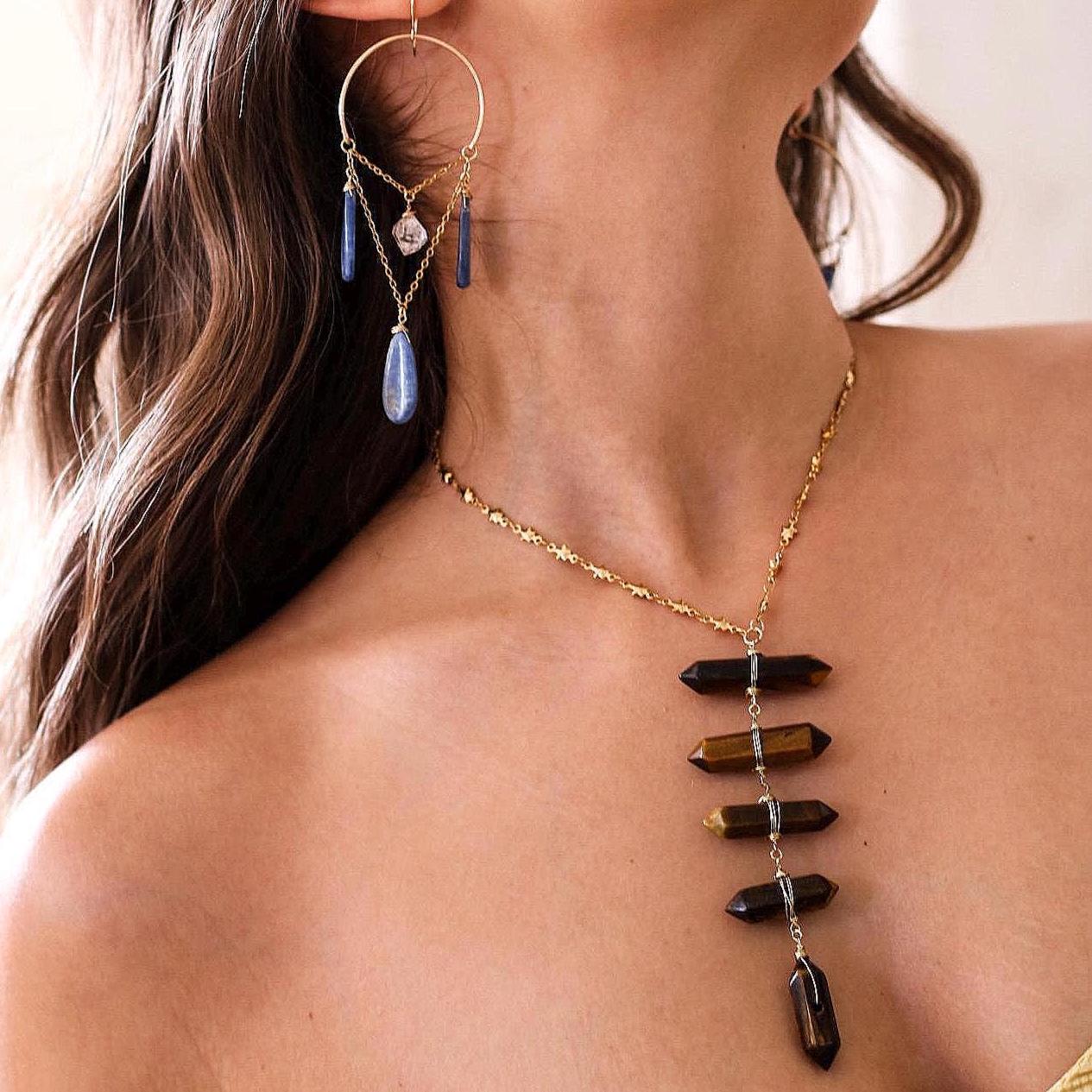 Tigers Eye Point Lariat Necklace: Boho Crystal Statement Jewelry, Boho Statement Necklace, Earthy Crystal Necklace, Tigers Eye Jewelry