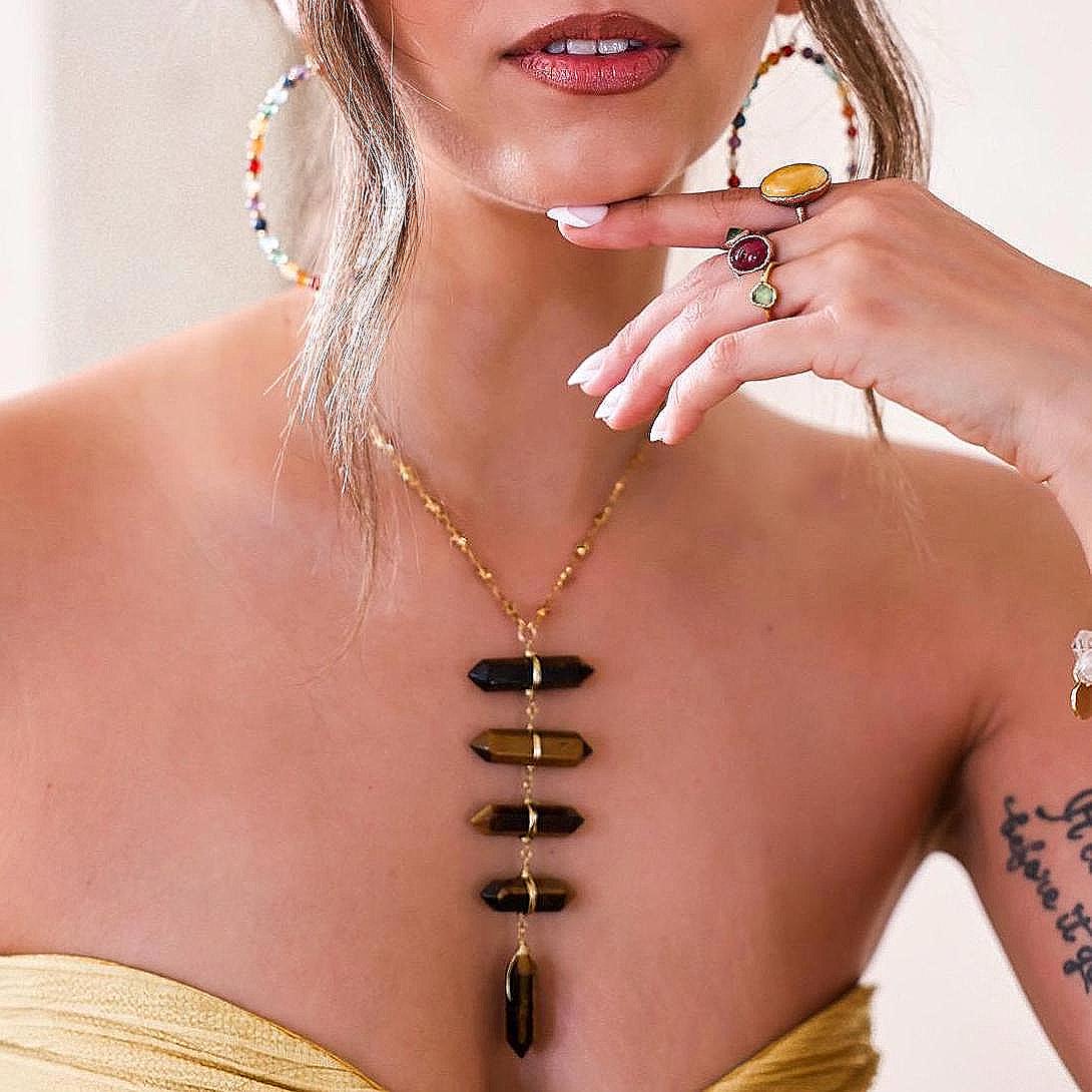 Tigers Eye Point Lariat Necklace: Boho Crystal Statement Jewelry, Boho Statement Necklace, Earthy Crystal Necklace, Tigers Eye Jewelry
