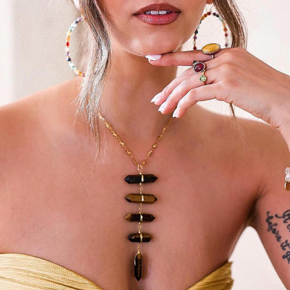 Tigers Eye Point Lariat Necklace: Boho Crystal Statement Jewelry, Boho Statement Necklace, Earthy Crystal Necklace, Tigers Eye Jewelry