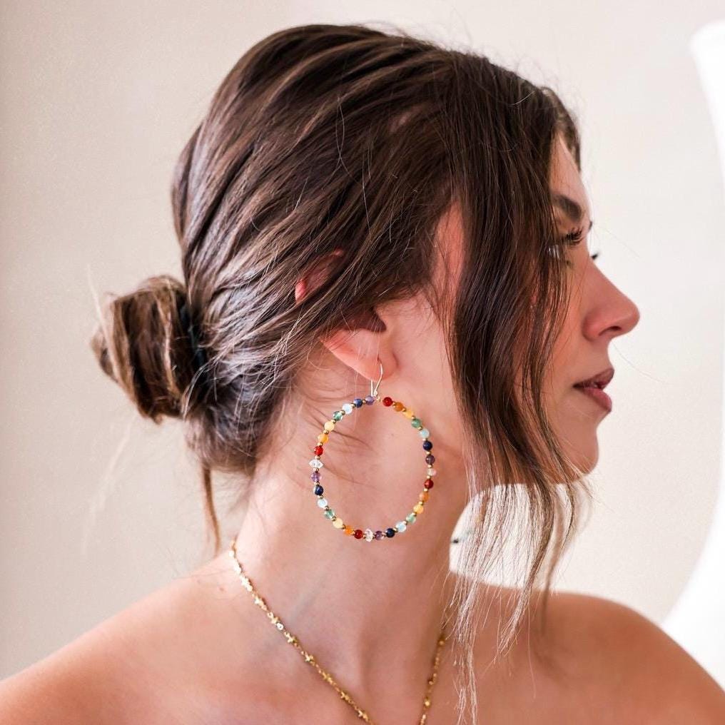 Beaded Chakra Gemstone Hoop Earrings: Boho Gemstone Chakra Hoops- Raw Chakra Gemstone Earrings, Handmade Earrings For Women