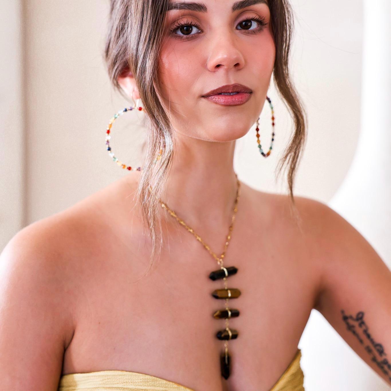 Beaded Chakra Gemstone Hoop Earrings: Boho Gemstone Chakra Hoops- Raw Chakra Gemstone Earrings, Handmade Earrings For Women