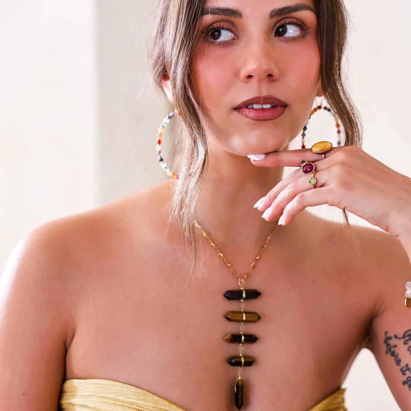 Beaded Chakra Gemstone Hoop Earrings: Boho Gemstone Chakra Hoops- Raw Chakra Gemstone Earrings, Handmade Earrings For Women