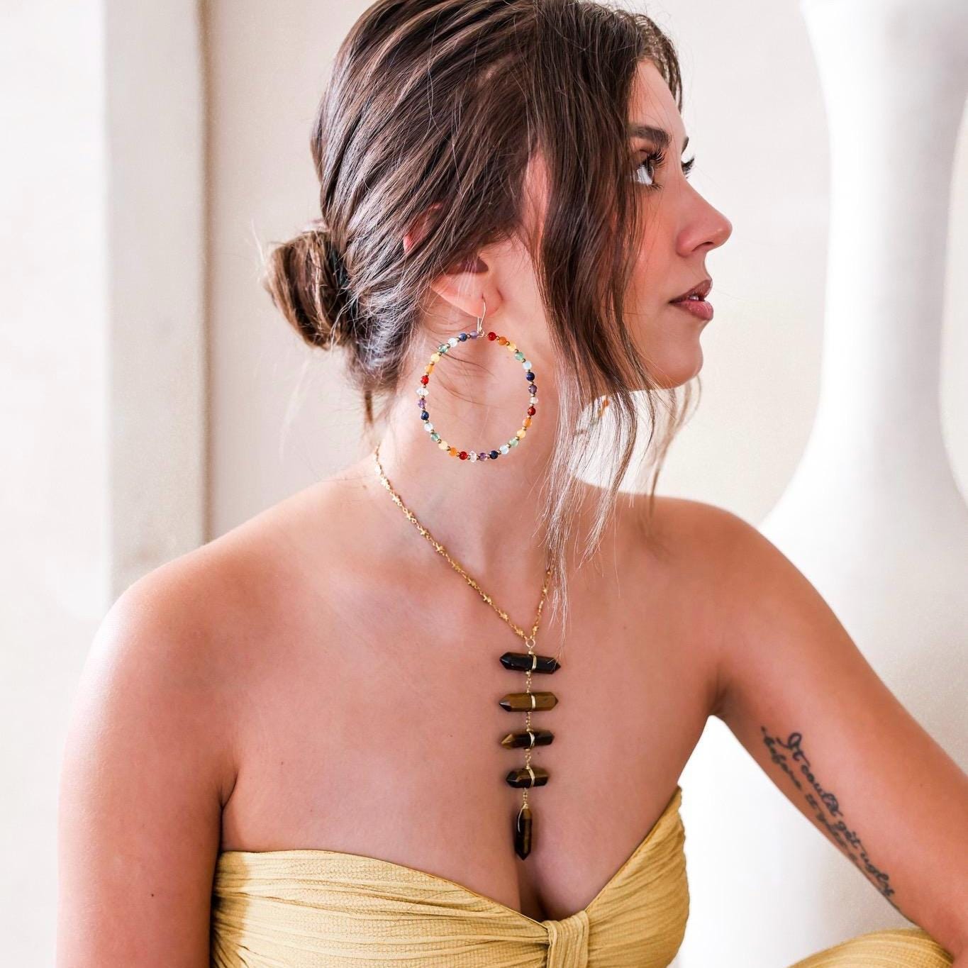 Beaded Chakra Gemstone Hoop Earrings: Boho Gemstone Chakra Hoops- Raw Chakra Gemstone Earrings, Handmade Earrings For Women