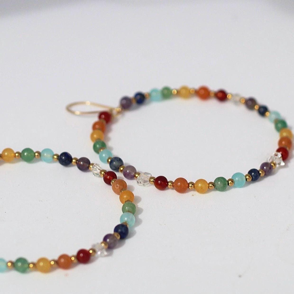 Beaded Chakra Gemstone Hoop Earrings: Boho Gemstone Chakra Hoops- Raw Chakra Gemstone Earrings, Handmade Earrings For Women