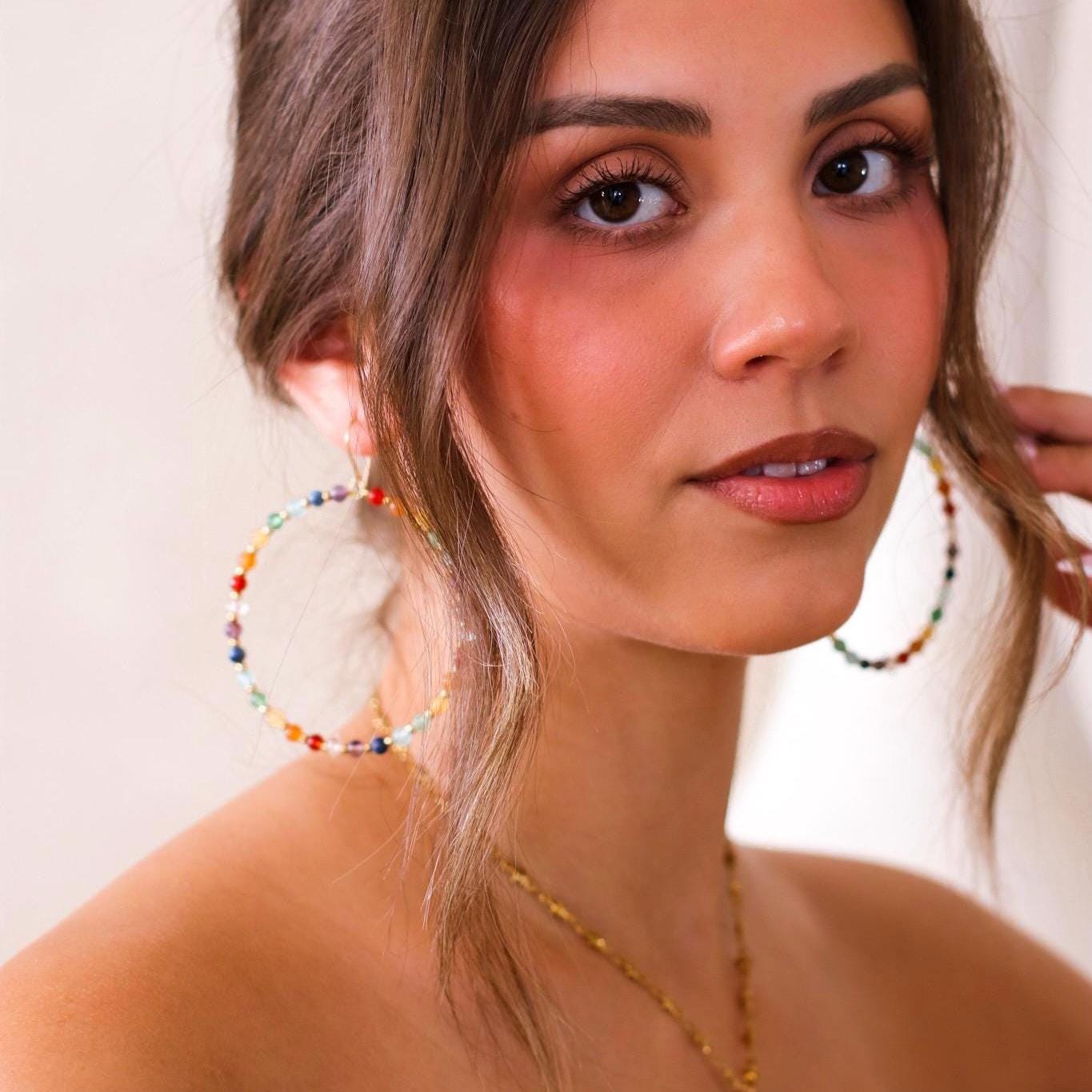 Beaded Chakra Gemstone Hoop Earrings: Boho Gemstone Chakra Hoops- Raw Chakra Gemstone Earrings, Handmade Earrings For Women