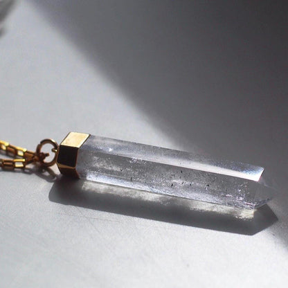 Long Narrow Crystal Quartz Pendant: Non Tarnish Chain, Quartz Point Necklace