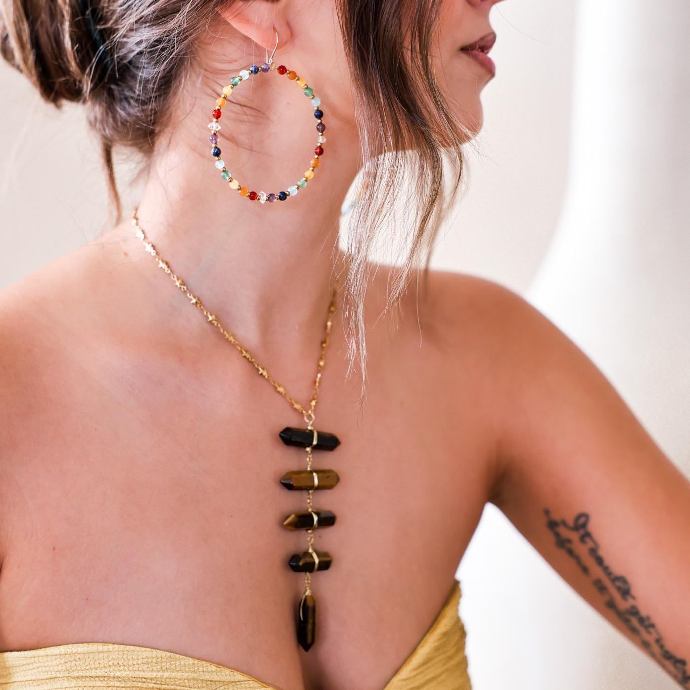 Beaded Chakra Gemstone Hoop Earrings: Boho Gemstone Chakra Hoops- Raw Chakra Gemstone Earrings, Handmade Earrings For Women